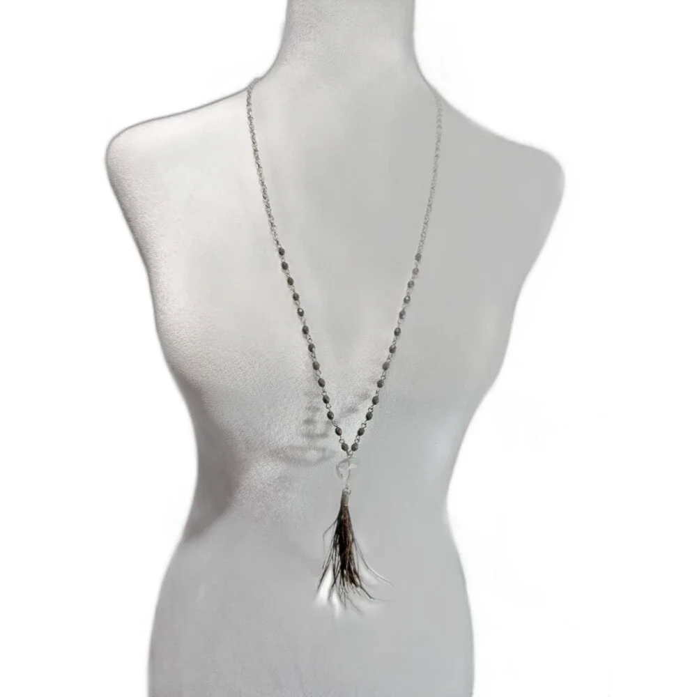 American Eagle Long Beaded Feather Necklace Boho Brown Silver Tone Tassel